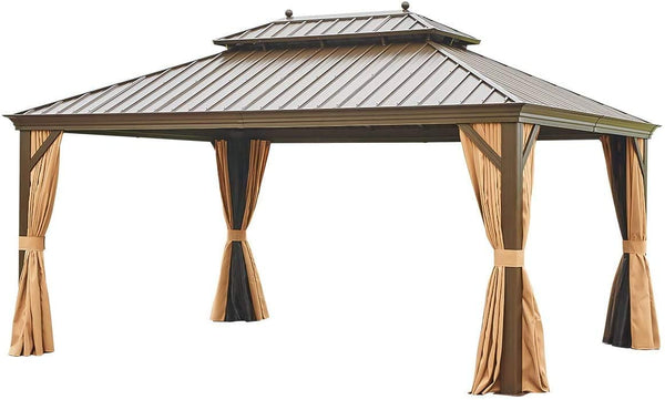 YOLENY 12' X 16‘ Hardtop Gazebo Galvanized Steel Outdoor Gazebo Canopy Double Vented Roof Pergolas Aluminum Frame with Netting and Curtains for Garden,Patio,Lawns,Parties