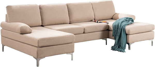 Mellcom Linen U-Shape Sectional Sofa, Fabric Couch for Living Room Apartment, Beige