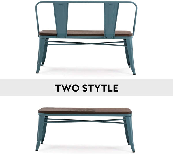 YOLENY Metal Bench Industrial Mid-Century 2 Person Chair with Wood Seat Dining Bench with Floor Protector