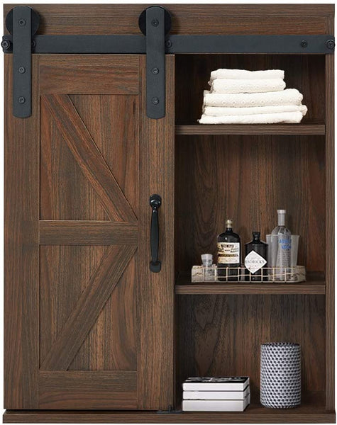 YOLENY Wood Wall Storage Cabinet with Sliding Barn Door 3-Tier Organizer Bathroom Cabinet with Adjustable Shelf Brown