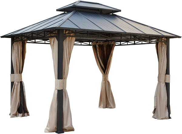 Mellcom 10'X12' Outdoor Hardtop Gazebo with 2-Tier Galvanized Iron Aluminum Frame for Patio, Backyard, Deck, Lawns
