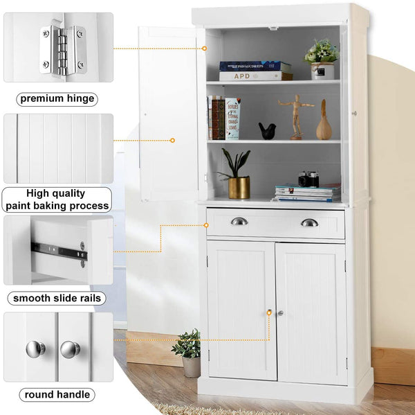 YOLENY Kitchen Pantry 72” Freestanding Storage Cabinets with Doors and Shelves Elegant Colonial Design Cabinet Cupboard with 3 Adjustable Shelves and 1 Storage Drawer