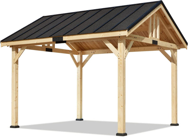 Mellcom 11x12 FT Hardtop Gazebo, Spruce Wood Solid Wood Gazebo, Waterproof Asphalt Roof, for Patio, Lawn, Garden, Easy Installation