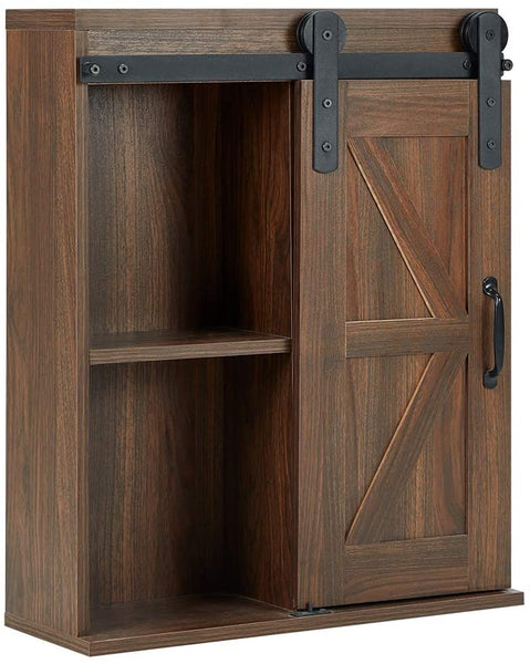 YOLENY Wood Wall Storage Cabinet with Sliding Barn Door 3-Tier Organizer Bathroom Cabinet with Adjustable Shelf Brown