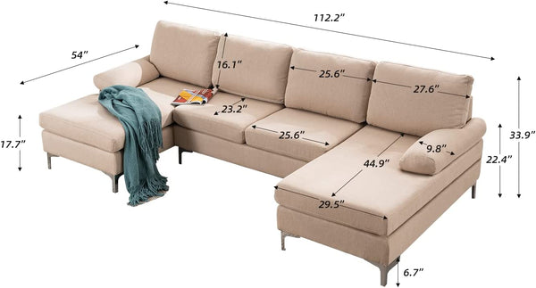 Mellcom Linen U-Shape Sectional Sofa, Fabric Couch for Living Room Apartment, Beige
