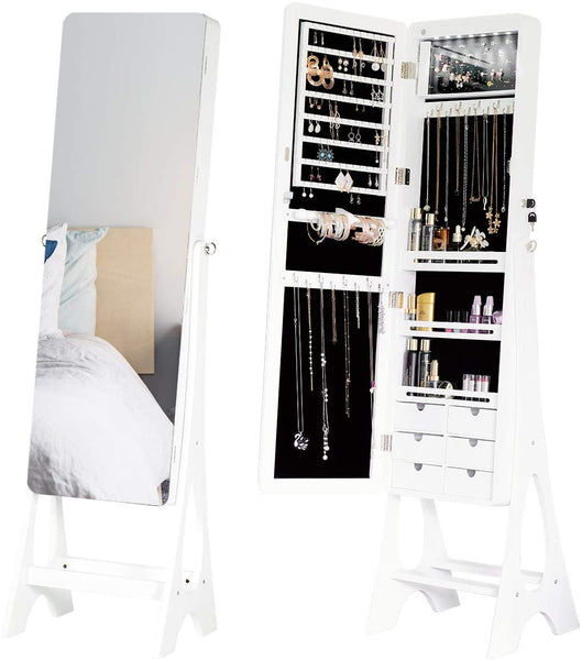 YOLENY Floor-Standing Jewelry Armoire Frameless Full Length Mirror Lockable Design Angle Adjuestable Jewelry Organizer Large Capacity Dressing Mirror Makeup Jewelry Cabinet with LED Lights