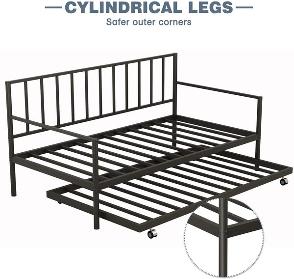 MELLCOM Twin Daybed with Trundle, Metal Slat Bed Frame Set, Farmhouse Platform Bed for Bedroom, Living Room, Black