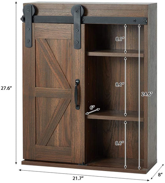 YOLENY Wood Wall Storage Cabinet with Sliding Barn Door 3-Tier Organizer Bathroom Cabinet with Adjustable Shelf Brown