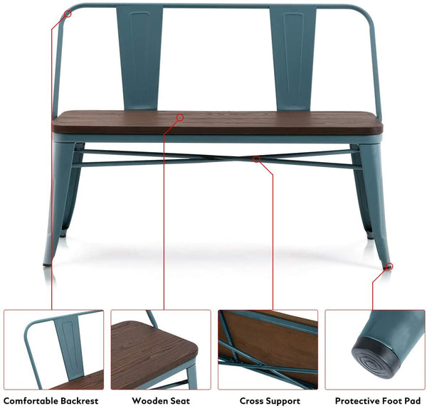 YOLENY Metal Bench Industrial Mid-Century 2 Person Chair with Wood Seat Dining Bench with Floor Protector