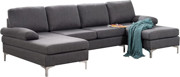 Mellcom Linen U-Shape Sectional Sofa, Fabric Couch for Living Room Apartment, Gray