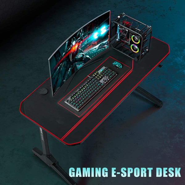 YOLENY 55inch Gaming Desk T Shaped Computer Desk Office Desk with Cup Holder & Headphone Hook,Professional Home Office Writing Desk with USB Gaming Handle Rack & Full Desk Mouse Pad