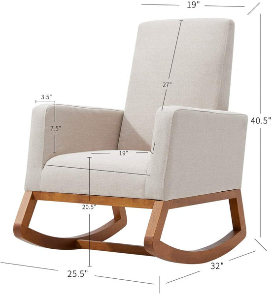 YOLENY Rocking Chair Mid Century Accent Chair Glider Rocker with Ottoman High Back Linen Armchair, Beige