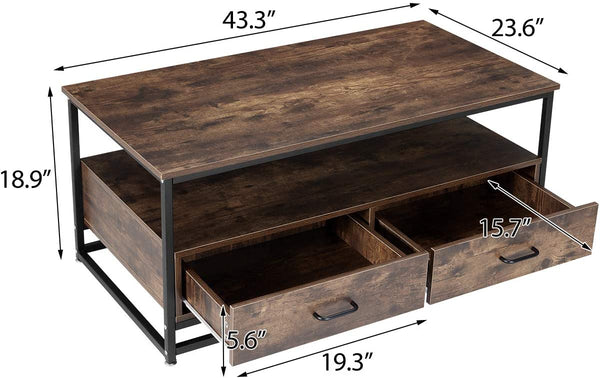 YOLENY Industrial Coffee Table,Accent Cocktail Table with Storage Shelf,2 Drawers Solid Wood and Metal Frame Legs,for Living Room