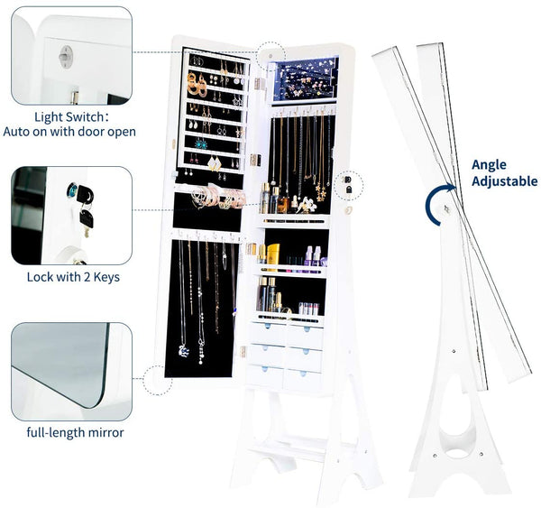 YOLENY Floor-Standing Jewelry Armoire Frameless Full Length Mirror Lockable Design Angle Adjuestable Jewelry Organizer Large Capacity Dressing Mirror Makeup Jewelry Cabinet with LED Lights