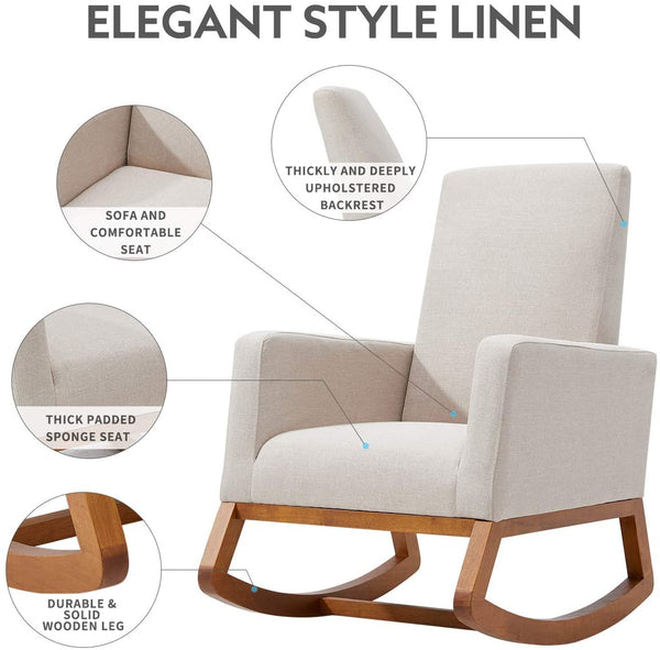 YOLENY Rocking Chair Mid Century Accent Chair Glider Rocker with Ottoman High Back Linen Armchair, Beige