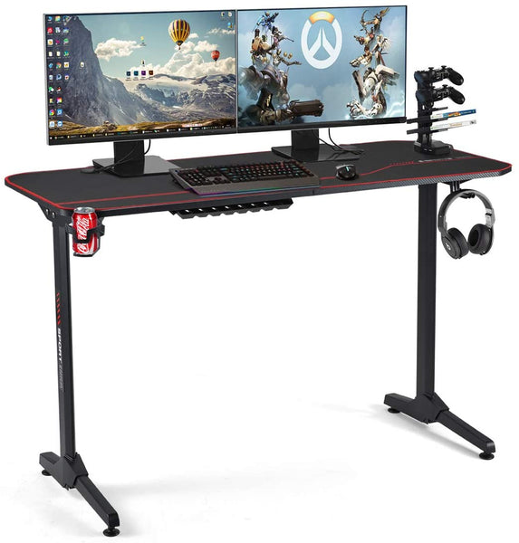 YOLENY 55inch Gaming Desk T Shaped Computer Desk Office Desk with Cup Holder & Headphone Hook,Professional Home Office Writing Desk with USB Gaming Handle Rack & Full Desk Mouse Pad