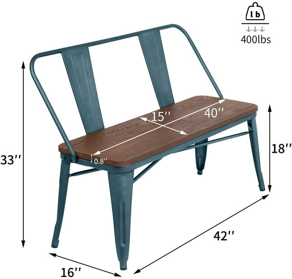 YOLENY Metal Bench Industrial Mid-Century 2 Person Chair with Wood Seat Dining Bench with Floor Protector