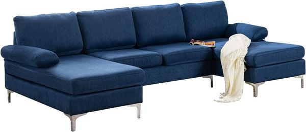 Mellcom Linen U-Shape Sectional Sofa, Fabric Couch for Living Room Apartment, Blue