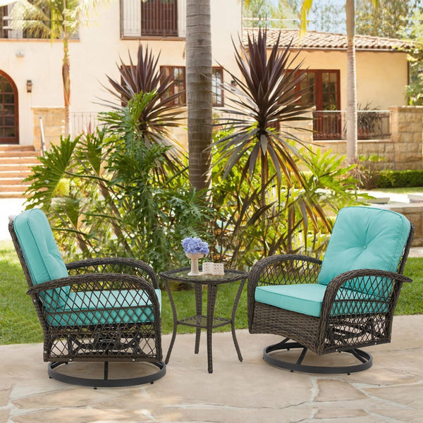 Erommy Outdoor Rocker Patio Chairs 360 ° Swivel , 3 Pieces Patio Set with Cushions and Table, Blue