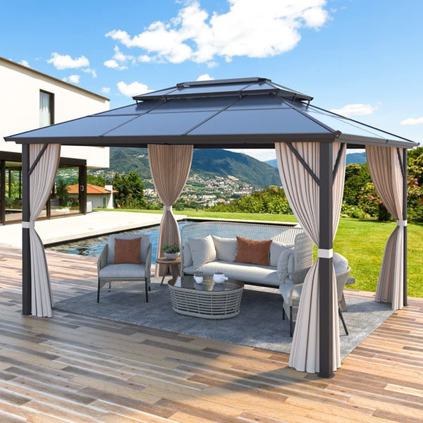 EROMMY 10'x13' Outdoor Polycarbonate Double Roof Hardtop Gazebo Canopy Curtains Aluminum Frame with Netting for Garden,Patio