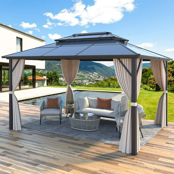 Erommy 10x13ft Outdoor Double Roof Hardtop Gazebo Canopy Curtains Aluminum Furniture with Netting for Garden,Patio,Lawns,Parties