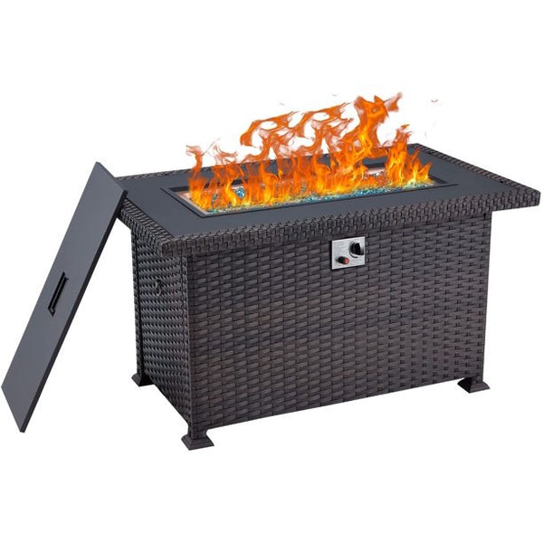 Yoleny 44'' Propane Fire Pit Table, 50,000 BTU Rectangular Gas Fire Pit, CSA Certified Wicker Fire Pit Table with Fire Pit Cover, Aluminum Tabletop and Glass Rocks, Suiltable for Poolside, Backyard