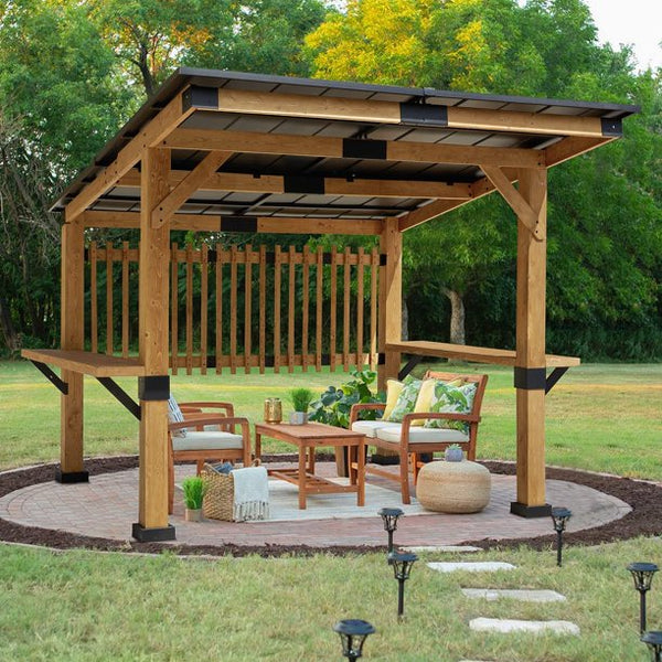Yoleny Hardtop Gazebo 10' x 11' Outdoor Cedar Gazebo Patio Wood Pergola with Steel Hardtop and Bar Counters for Garden, Patio, Backyard