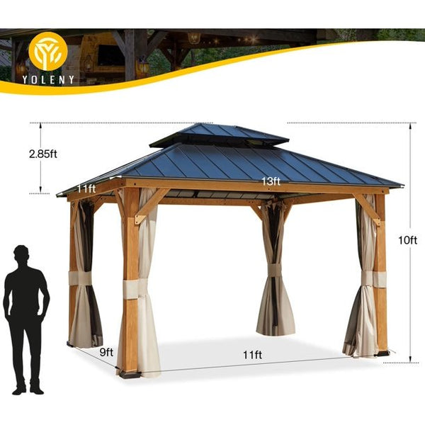Erommy 13' x 11' Hardtop Wooden Gazebo,Double Roof Patio Gazebo with Cedar Wood Frame & Galvanized Steel Top, All-Weather r for Garden, Patio, Lawns