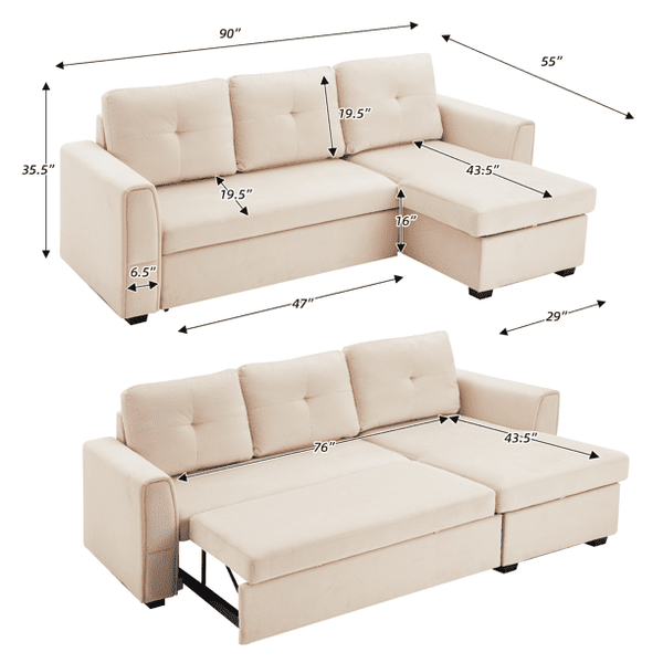 Mellcom Sectional Sleeper Sofa, Flannel L-Shaped Sofa Bed with Storage Ottoman, Beige