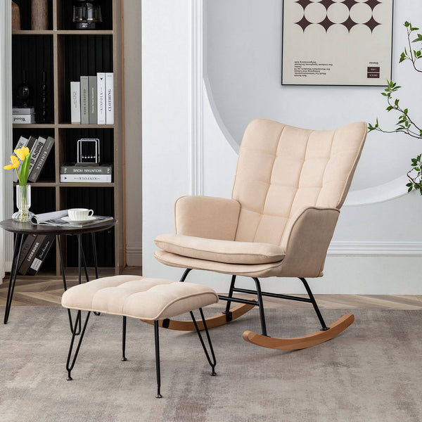 Mellcom Rocking Chair with Ottoman, High Back Nursery Glider Rocker, Modern Upholstered Accent Chair, Armchair for Living Room, Bedroom, Beige
