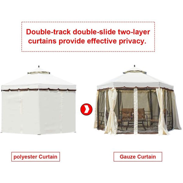 Yoleny 12FT Outdoor Canopy Gazebo Hexagonal Double Roof Patio Gazebo Steel Frame Pavilion with Netting and Shade Curtains for Garden,Patio,Party Canopy-white