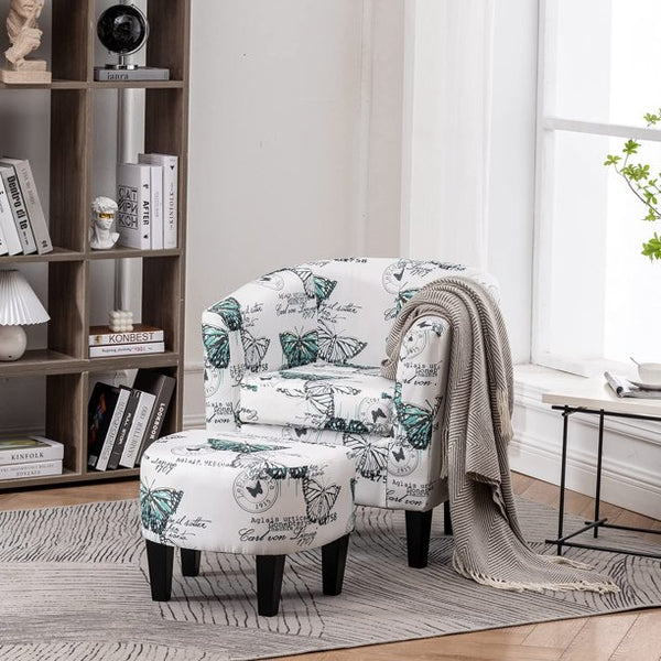 Mellcom Accent Chair with Ottoman , Comfy Fabric Armchair,White Butterfly