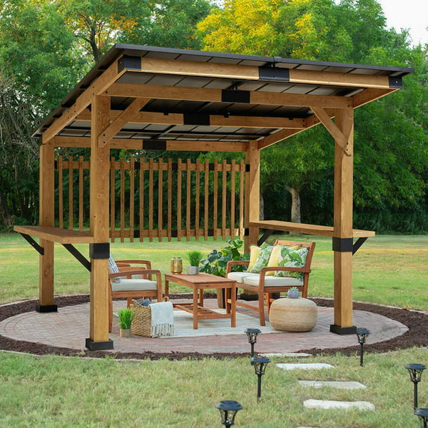 Erommy 10' x 11' Hardtop Cedar Wooden Gazebo Pergola, Brown