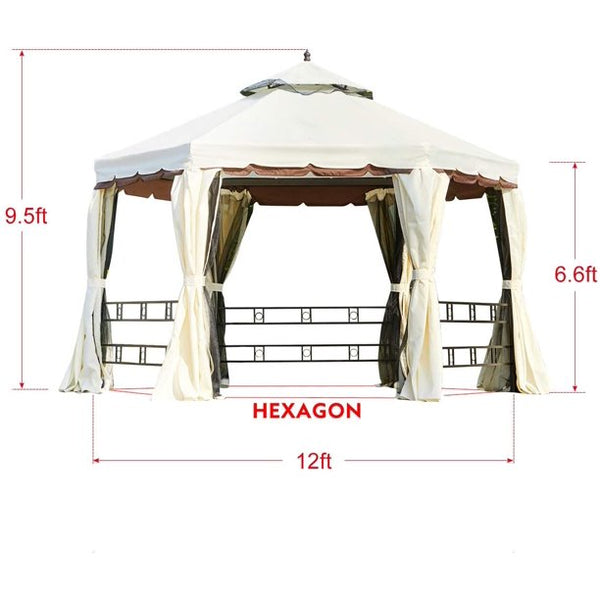 Yoleny 12FT Outdoor Canopy Gazebo Hexagonal Double Roof Patio Gazebo Steel Frame Pavilion with Netting and Shade Curtains for Garden,Patio,Party Canopy-white