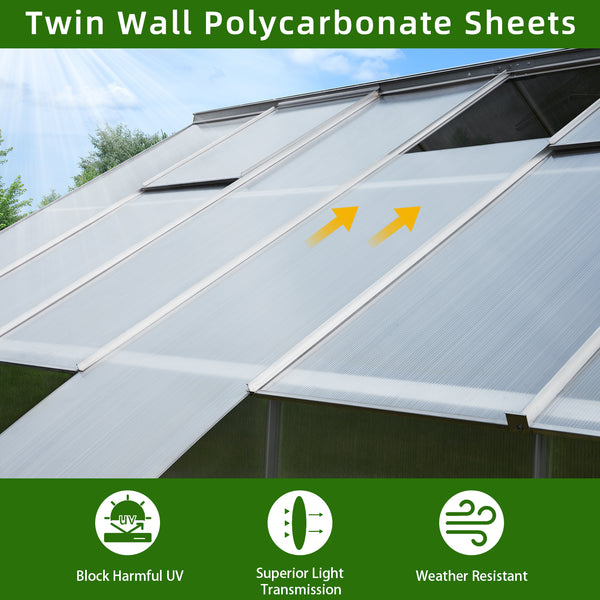 Mellcom 10' x 16' Walk-in Hobby Greenhouse, Outdoor Sliver Aluminum Frame Polycarbonate Green House with Adjustable Roof Vent