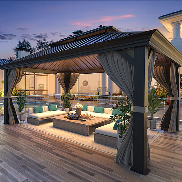 Mellcom 12' X 16' Hardtop Gazebo Galvanized Steel Outdoor Double Roof Patio Gazebo with Aluminum Frame