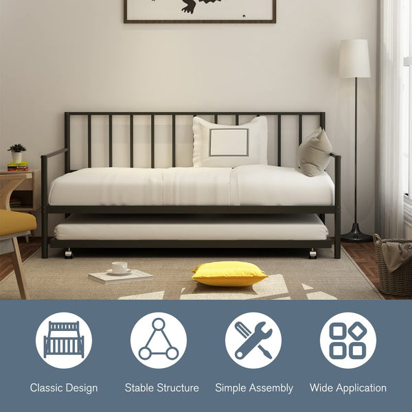 MELLCOM Twin Daybed with Trundle, Metal Slat Bed Frame Set, Farmhouse Platform Bed for Bedroom, Living Room, Black