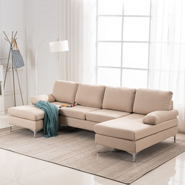 Mellcom Linen U-Shape Sectional Sofa, Fabric Couch for Living Room Apartment, Beige
