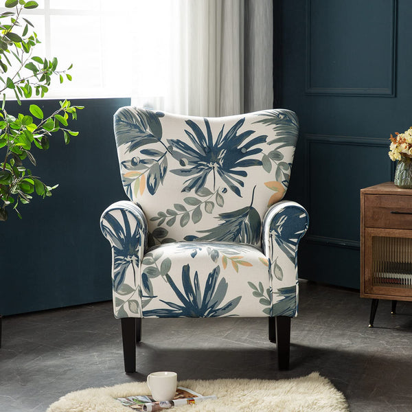YOLENY Modern Accent Chair High Back Armchair Upholstered Fabric Button Single Sofa with Wooden Legs for Living Room, Bedroom