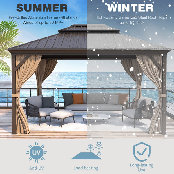 Mellcom 12' x 14' Hardtop Gazebo, Permanent Galvanized Steel Metal Double Roof Aluminum Pavilion