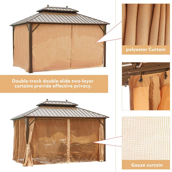 YOLENY 10' X 13' Hardtop Gazebo Galvanized Steel Outdoor Gazebo Canopy Double Vented Roof Pergolas Aluminum Frame with Netting and Curtains for Garden,Patio,Lawns,Parties