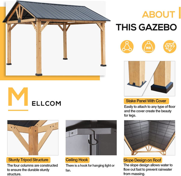Mellcom 13'x 11' Hardtop Patio Gazebo, Outdoor Gable Steel Cedar Framed Pavilion Cabana