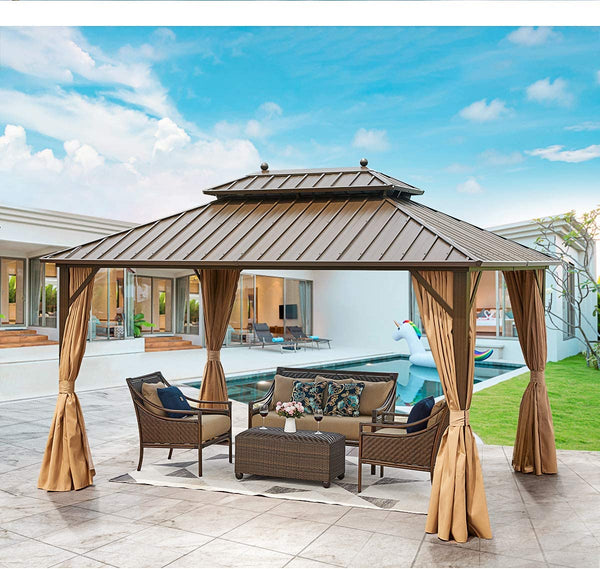 YOLENY 10' X 13' Hardtop Gazebo Galvanized Steel Outdoor Gazebo Canopy Double Vented Roof Pergolas Aluminum Frame with Netting and Curtains for Garden,Patio,Lawns,Parties