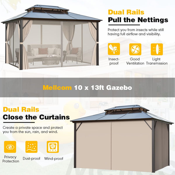 Mellcom 10'x13' Outdoor Hardtop Gazebo, Sun Roof  Patio Garden Gazebo with Aluminum Frame