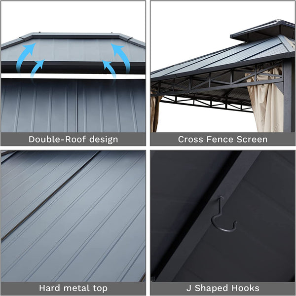 Mellcom 10'X12' Outdoor Hardtop Gazebo with 2-Tier Galvanized Iron Aluminum Frame for Patio, Backyard, Deck, Lawns