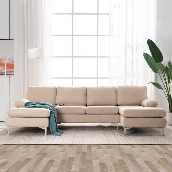 Mellcom Linen U-Shape Sectional Sofa, Fabric Couch for Living Room Apartment, Beige