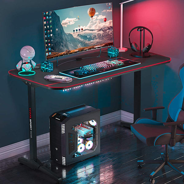 YOLENY 55inch Gaming Desk T Shaped Computer Desk Office Desk with Cup Holder & Headphone Hook,Professional Home Office Writing Desk with USB Gaming Handle Rack & Full Desk Mouse Pad
