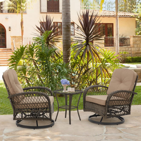 Erommy 3 Pieces Rattan Patio Set, Outdoor Rocker Patio Chairs 360 ° Swivel with Cushions and Table, Khaki