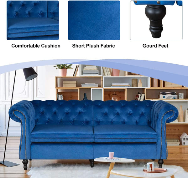 YOLENY Sofa Couch Loveseat Soft Fabric Modern Design Love Seat Two or Three Person Seat Sofa, Tufted Jewel Toned Velvet Sofa with Scroll Arms for Living Room, Blue