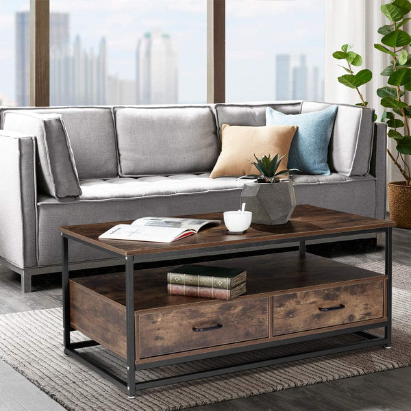 YOLENY Industrial Coffee Table,Accent Cocktail Table with Storage Shelf,2 Drawers Solid Wood and Metal Frame Legs,for Living Room
